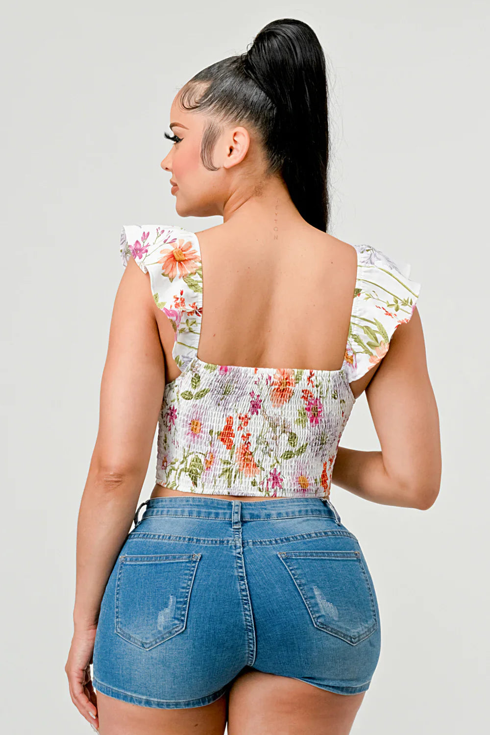 FLORAL SWEETHEART RUCHED FLUTTER SLEEVES CROPPED TOP Bella Moda Latina