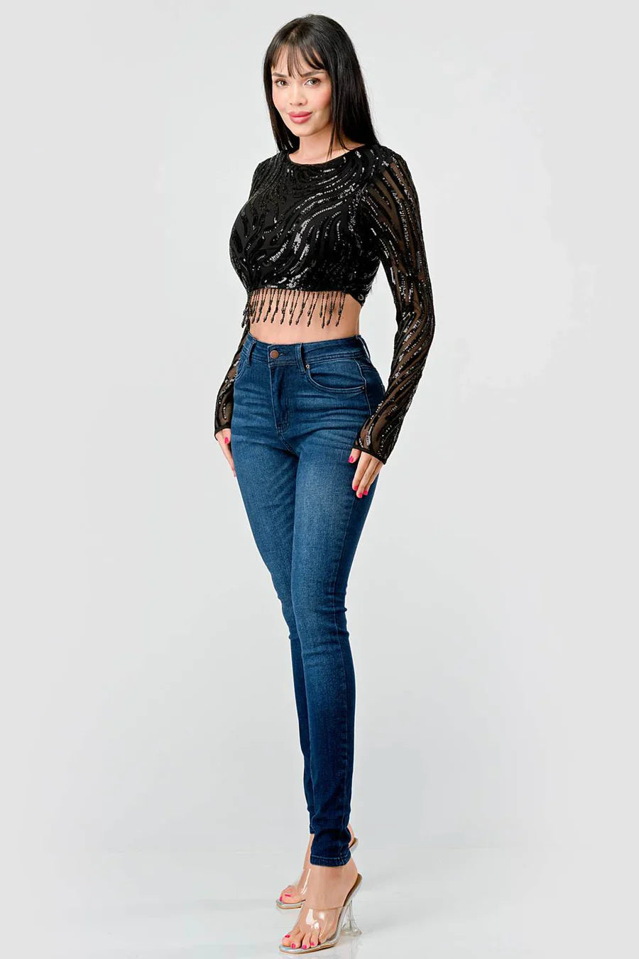LUXE WAVE SEQUINS LONG SLEEVES STONE FRINGE DETAIL CROPPED TOP Bella Moda Latina