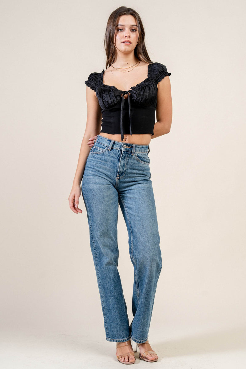 Satin Tie-Front Ruffle Bustier Crop Top Bella Moda Latina
