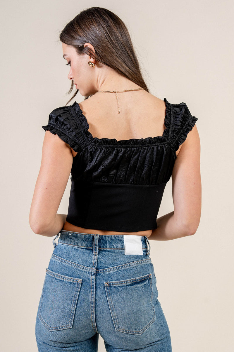 Satin Tie-Front Ruffle Bustier Crop Top Bella Moda Latina