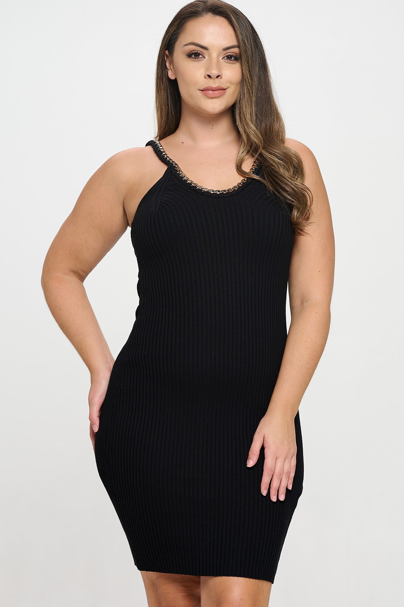 Chain Trim Ribbed Knit Dress Bella Moda Latina
