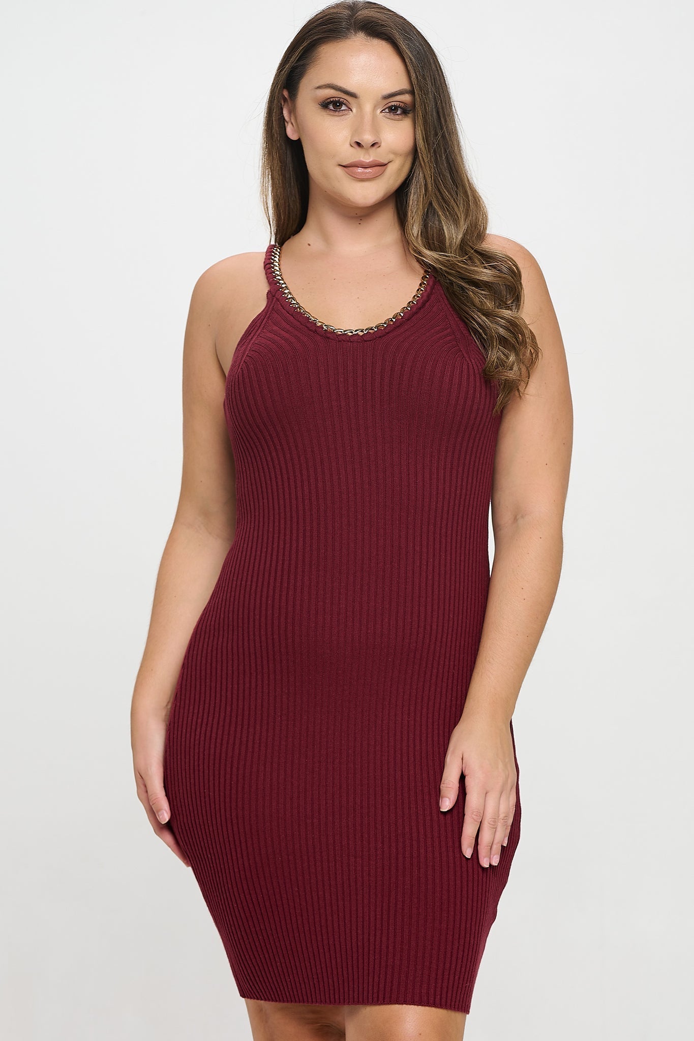 Chain Trim Ribbed Knit Dress Bella Moda Latina