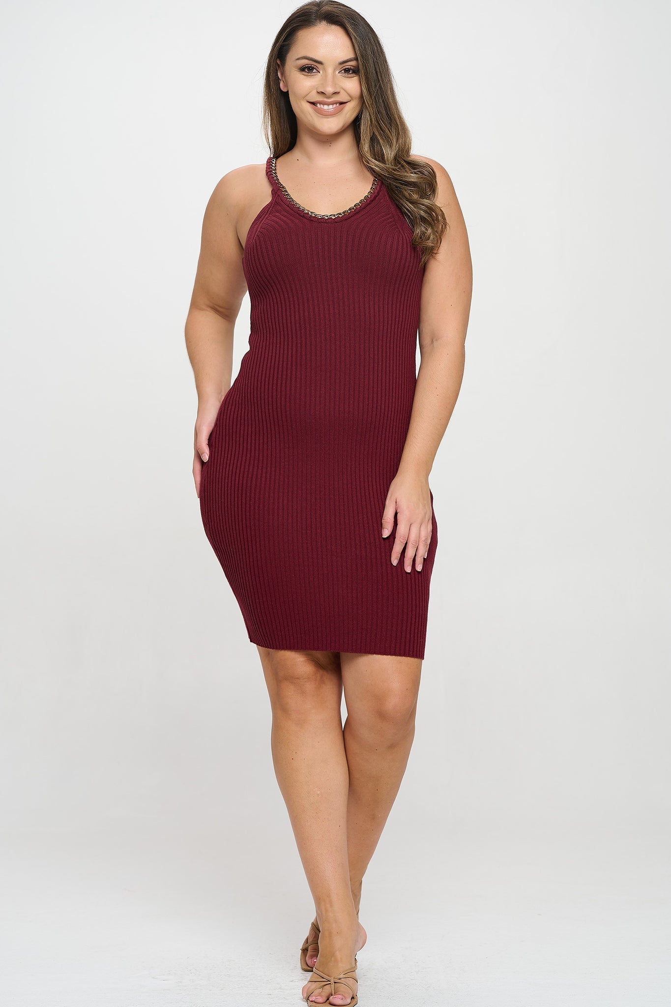 Chain Trim Ribbed Knit Dress Bella Moda Latina