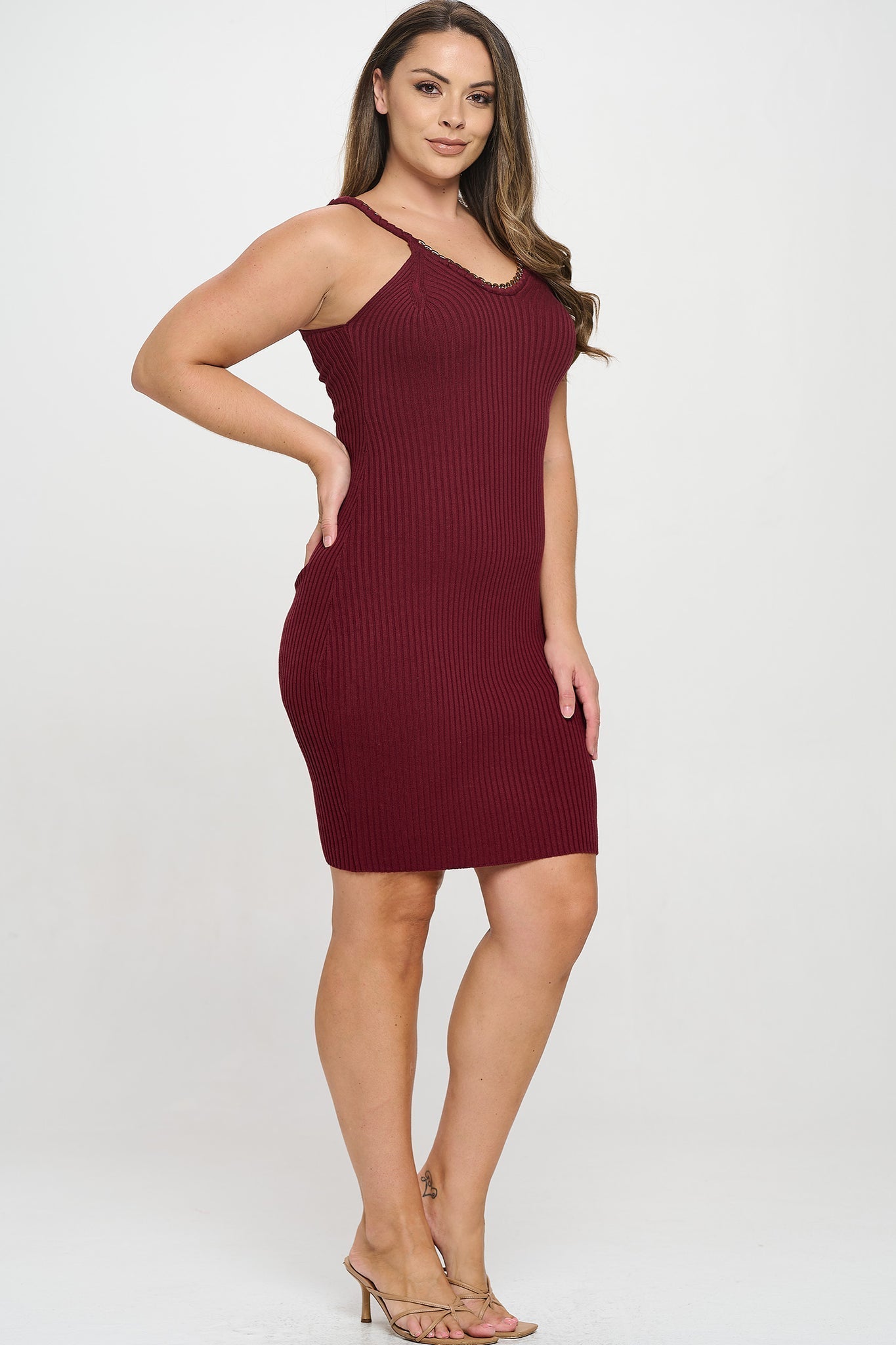 Chain Trim Ribbed Knit Dress Bella Moda Latina