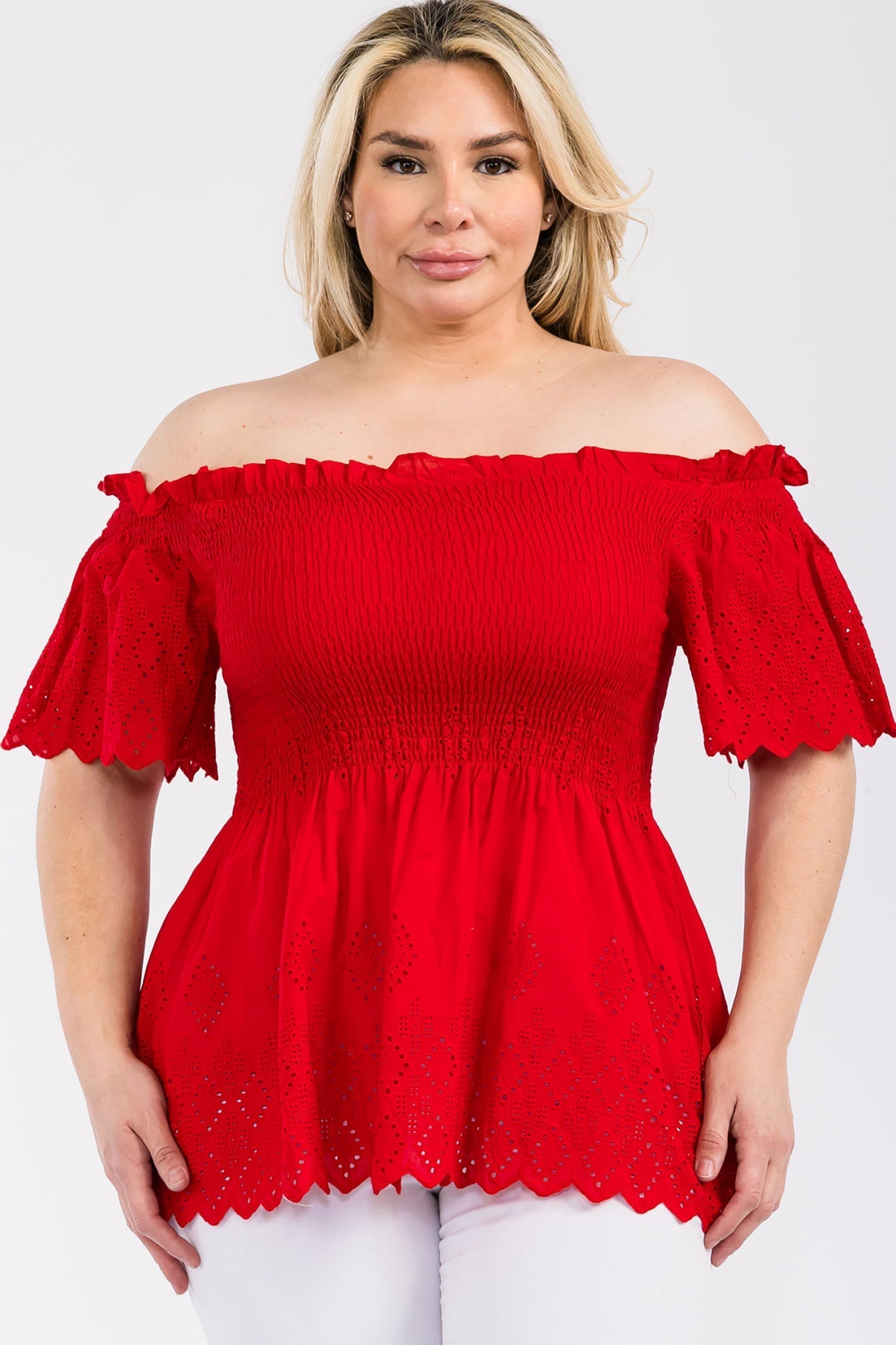 Off Shoulder Smocked Eyelet Top Bella Moda Latina