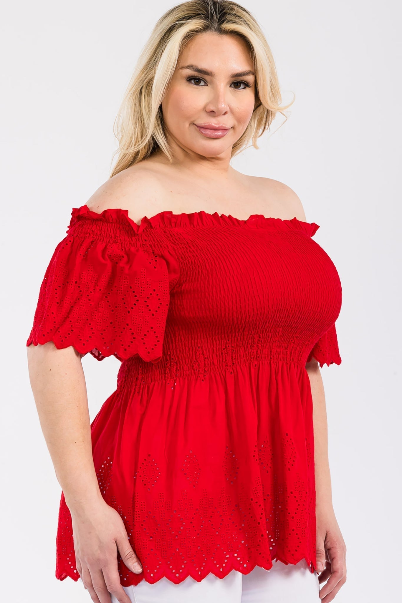 Off Shoulder Smocked Eyelet Top Bella Moda Latina