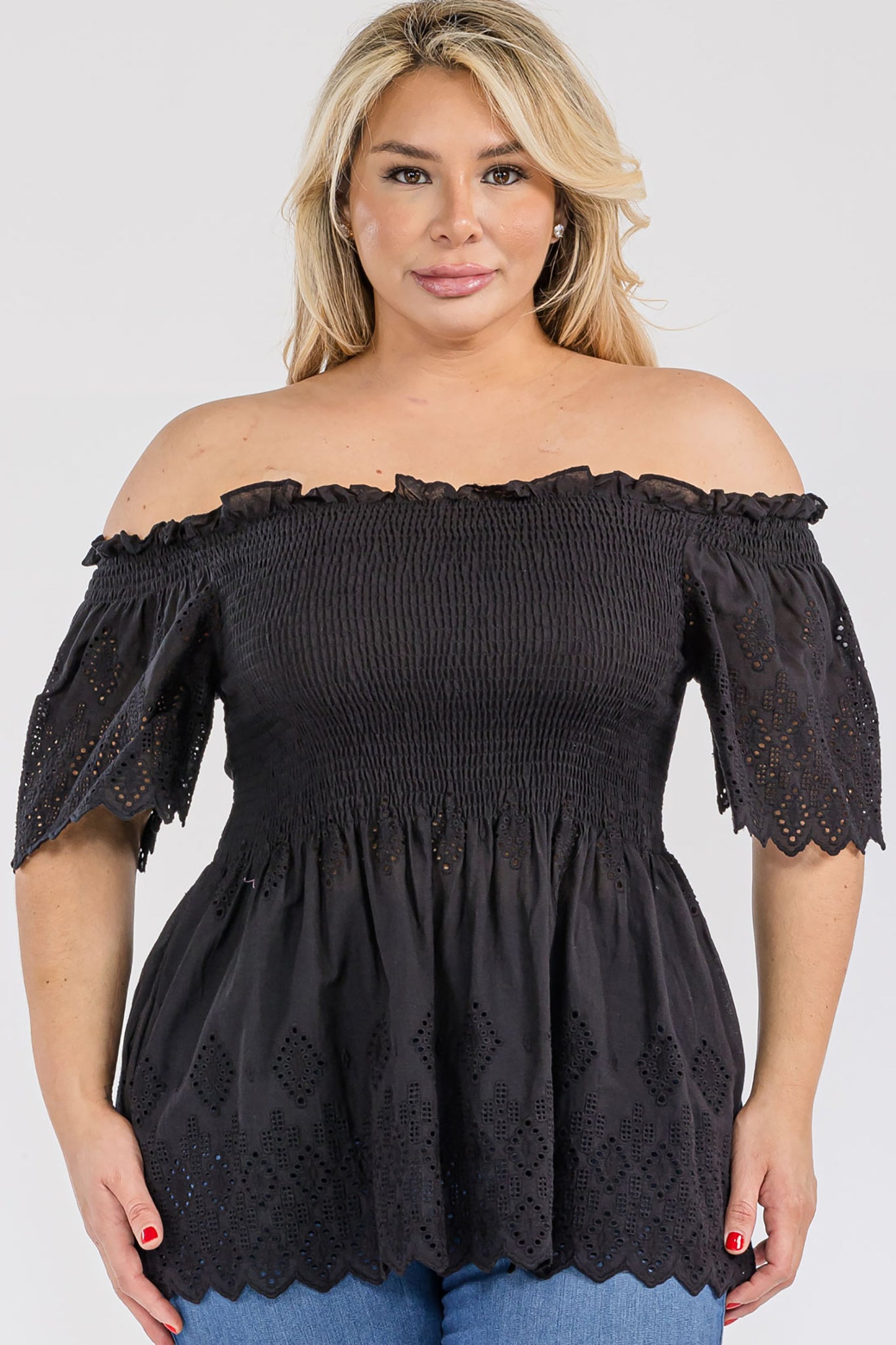 Off Shoulder Smocked Eyelet Top Bella Moda Latina