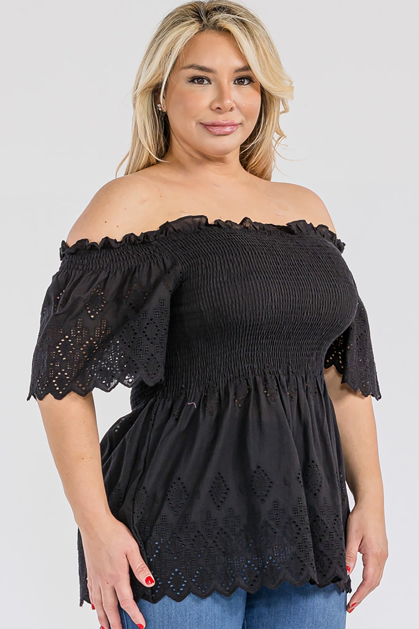 Off Shoulder Smocked Eyelet Top Bella Moda Latina