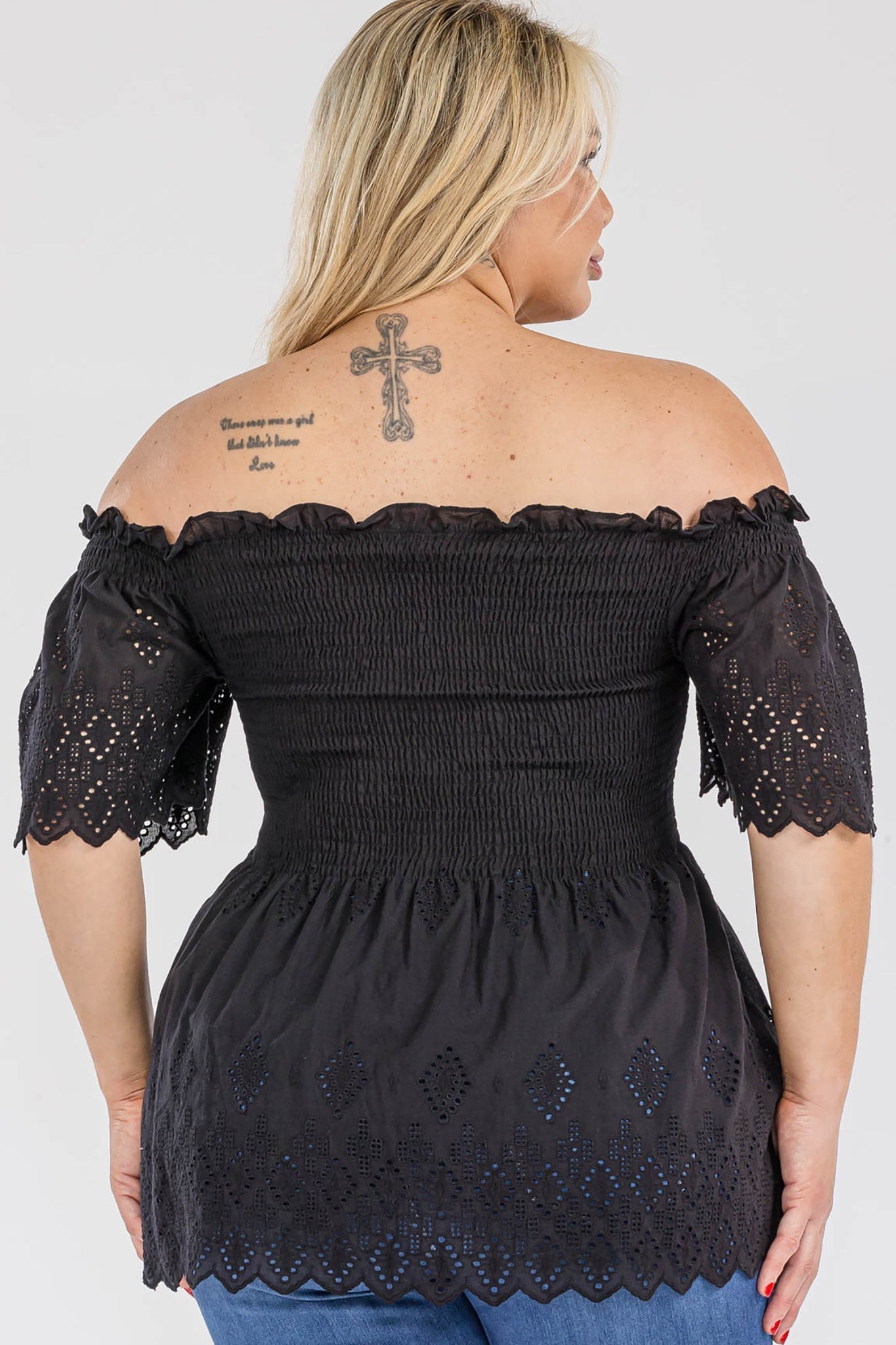 Off Shoulder Smocked Eyelet Top Bella Moda Latina