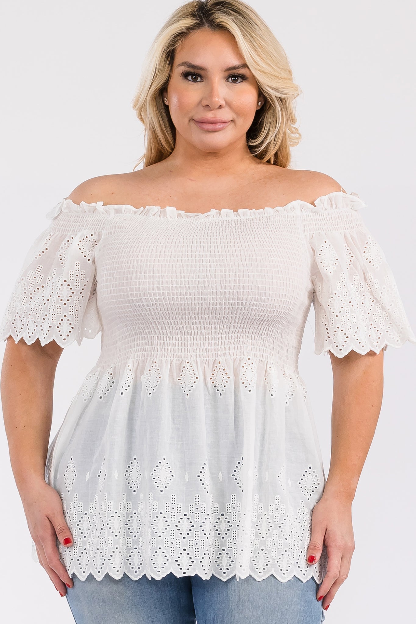Off Shoulder Smocked Eyelet Top Bella Moda Latina
