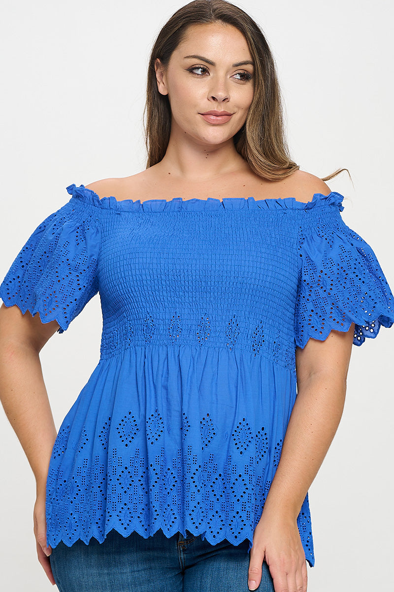 Off Shoulder Smocked Eyelet Top Bella Moda Latina