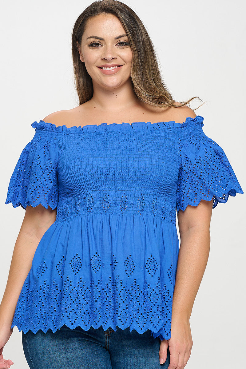 Off Shoulder Smocked Eyelet Top Bella Moda Latina