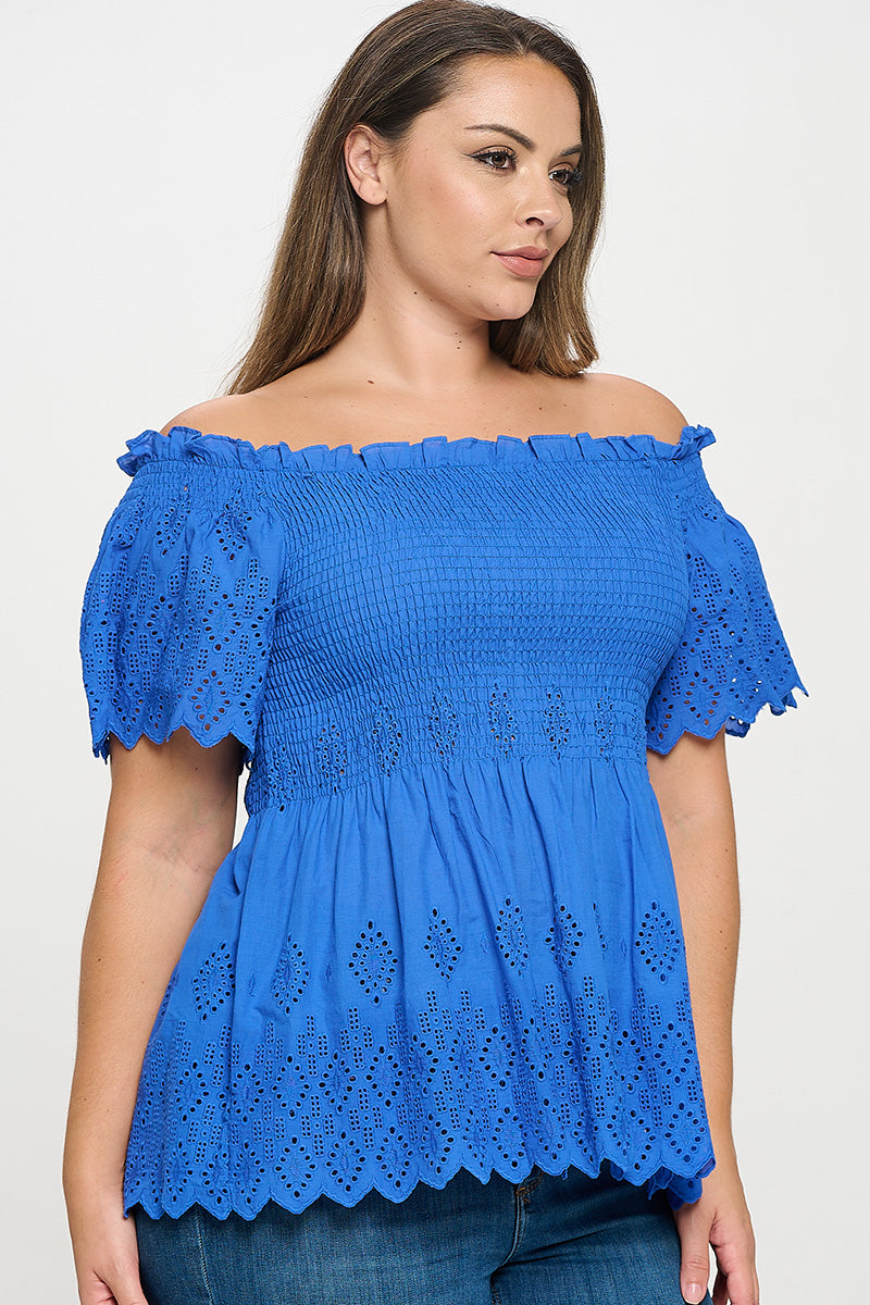 Off Shoulder Smocked Eyelet Top Bella Moda Latina