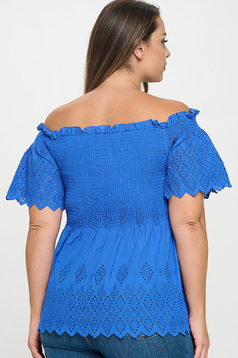 Off Shoulder Smocked Eyelet Top Bella Moda Latina