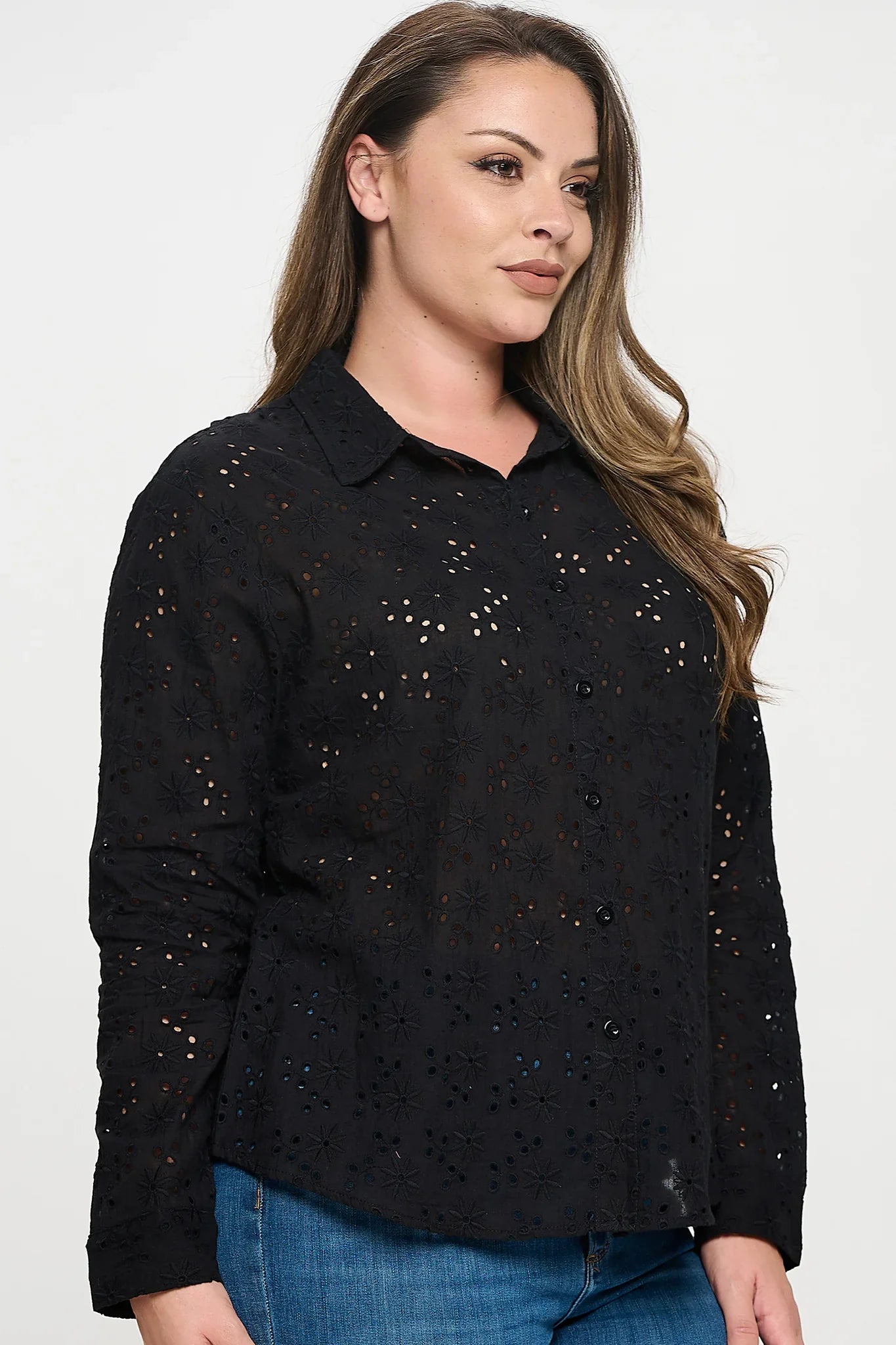 Long Sleeve Button Down Eyelet Top Bella Moda Latina