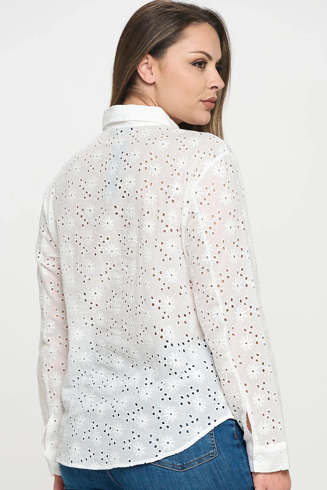 Long Sleeve Button Down Eyelet Top Bella Moda Latina