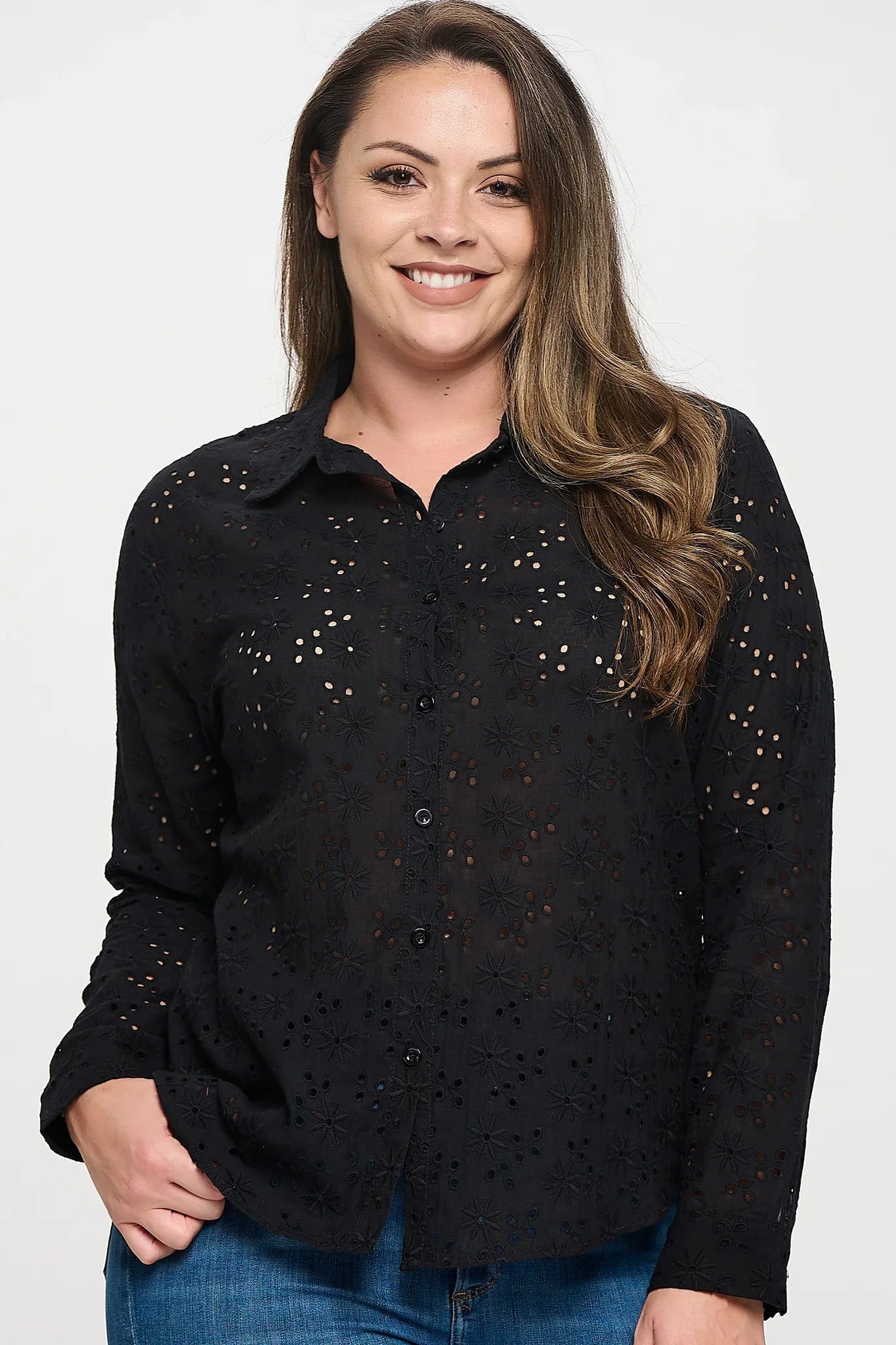 Long Sleeve Button Down Eyelet Top Bella Moda Latina