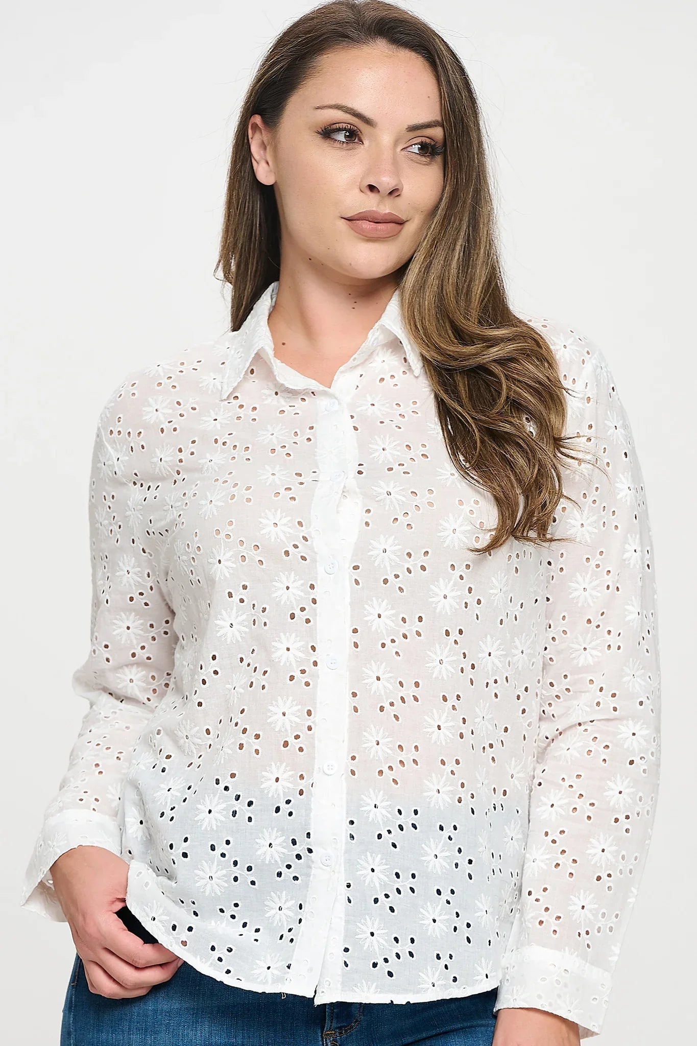 Long Sleeve Button Down Eyelet Top Bella Moda Latina