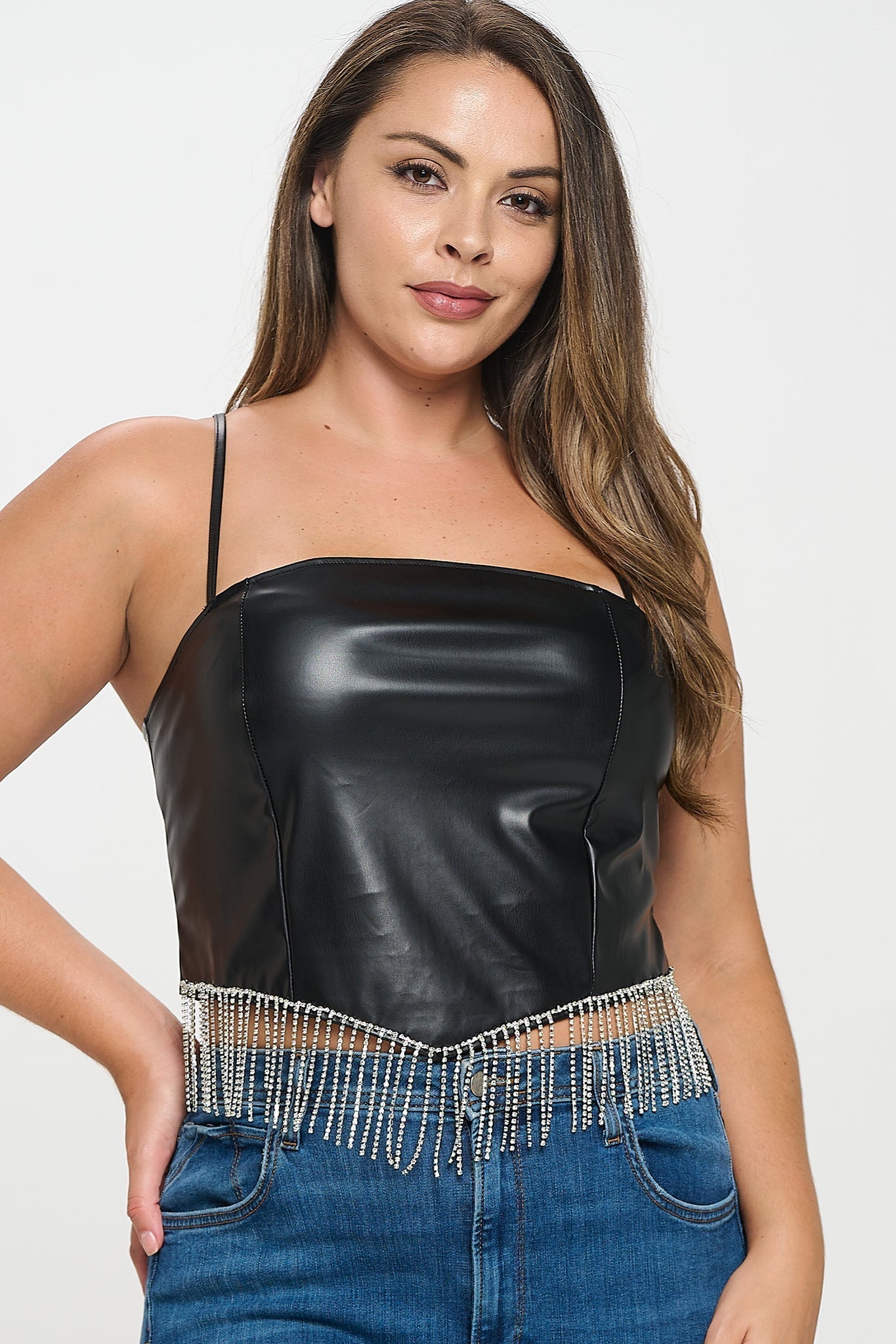 Rhinestone Fringed Faux Leather Top Bella Moda Latina