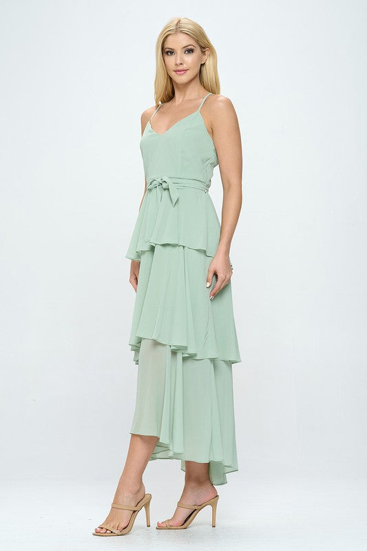 Belted Layered Hem Sleeveless Maxi Dress Bella Moda Latina