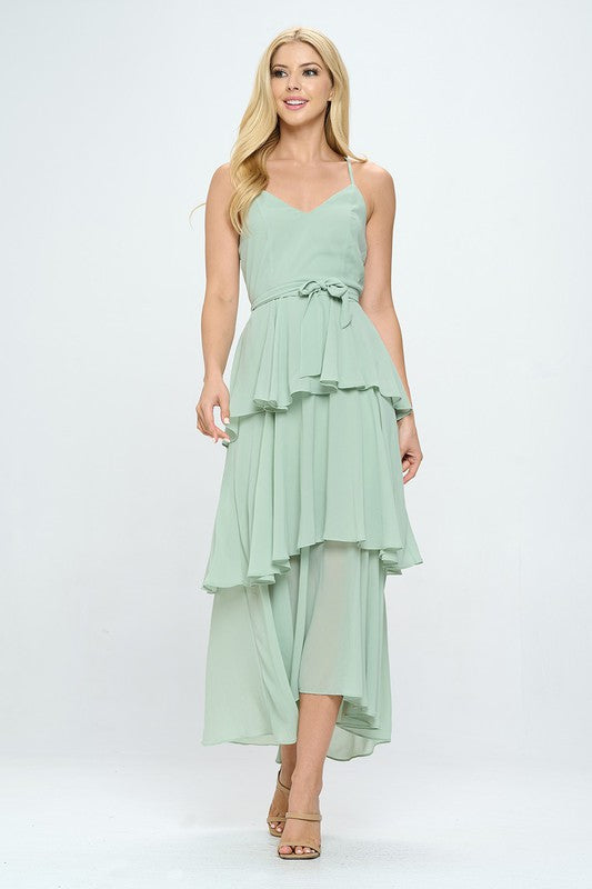 Belted Layered Hem Sleeveless Maxi Dress Bella Moda Latina
