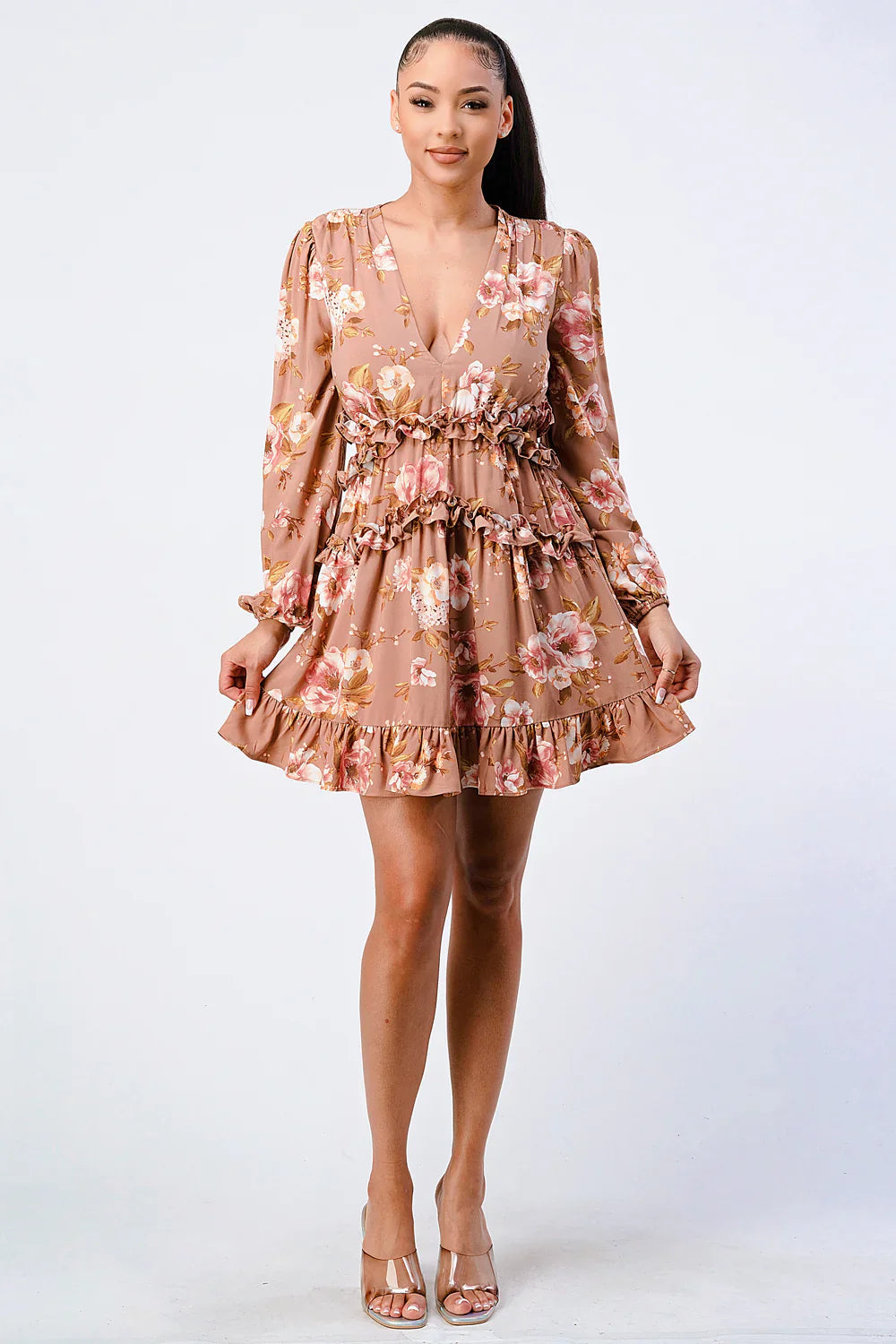 FLORAL CHIFFON V-NECK MINI DRESS Bella Moda Latina
