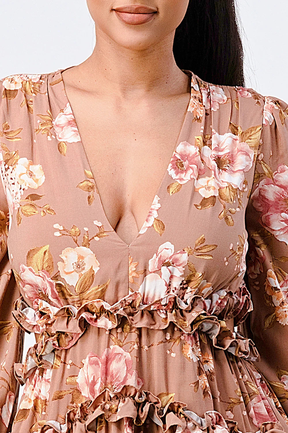 FLORAL CHIFFON V-NECK MINI DRESS Bella Moda Latina