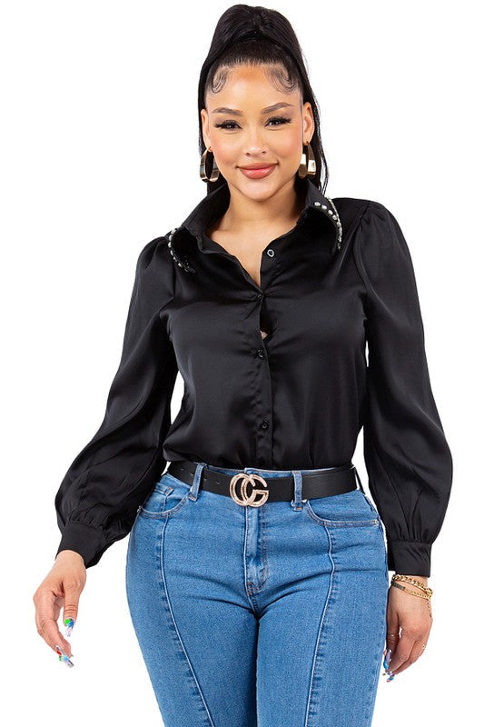Diamond Collared Button Down Shirt Bella Moda Latina
