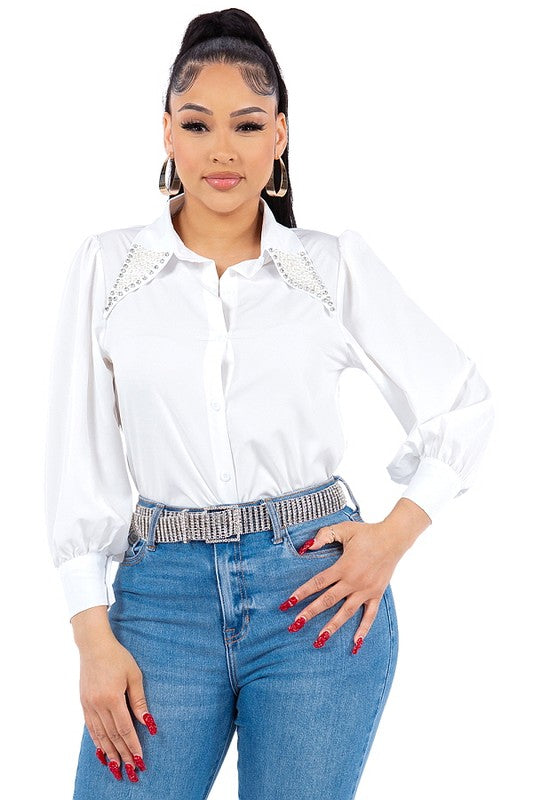 Pearl Collared Button Down Shirt Bella Moda Latina