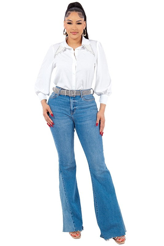 Pearl Collared Button Down Shirt Bella Moda Latina