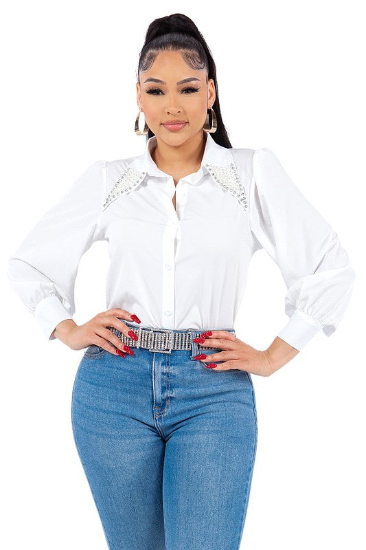 Pearl Collared Button Down Shirt Bella Moda Latina