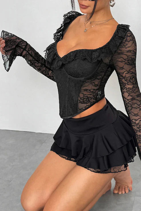 Romantic Ruffled Lace Long Sleeve Corset Top Bella Moda Latina