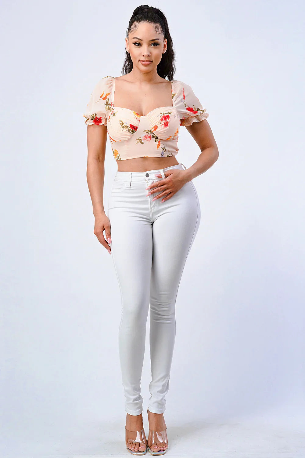 FLORAL CHIFFON SMOCKED SWEETHEART TOP Bella Moda Latina