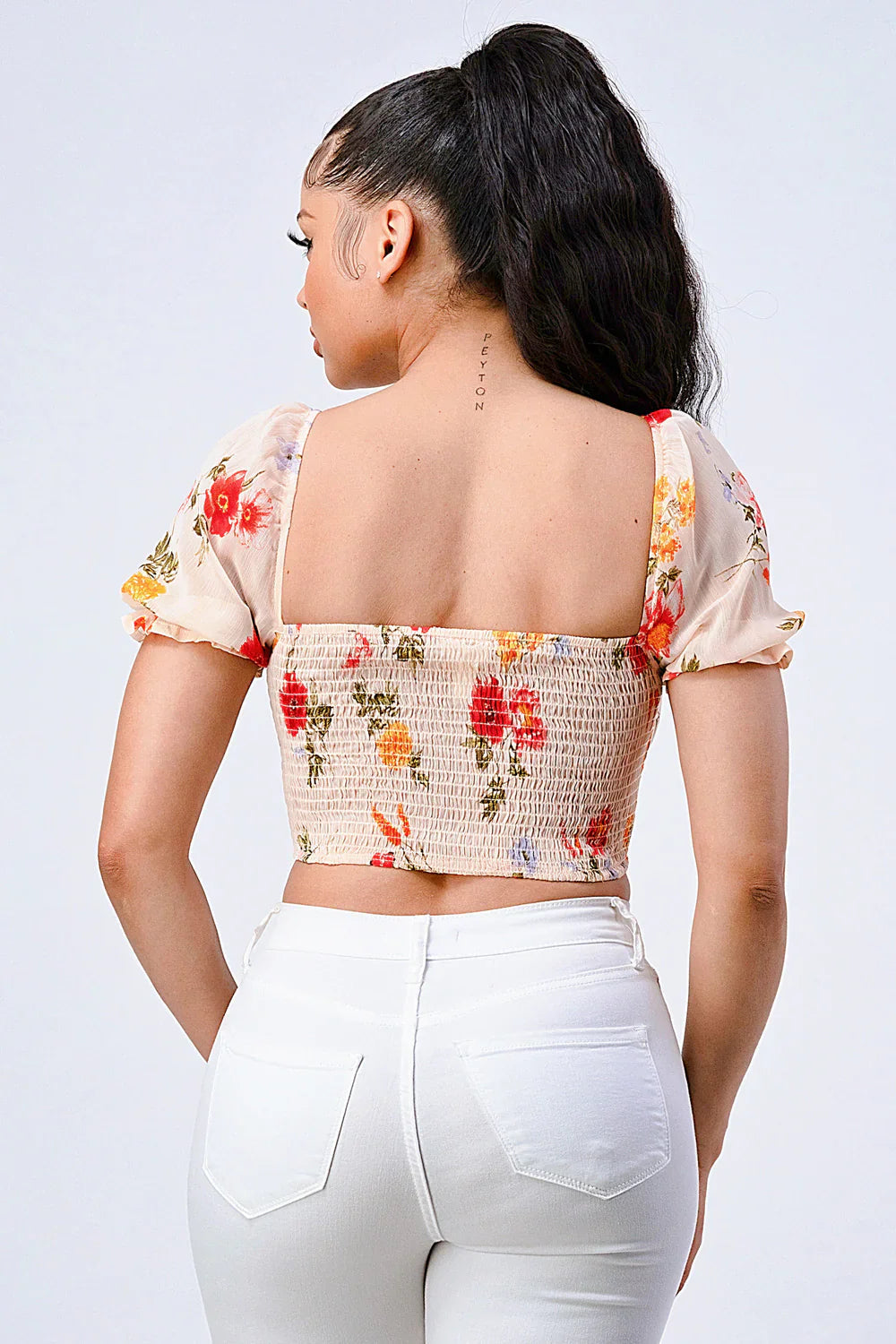 FLORAL CHIFFON SMOCKED SWEETHEART TOP Bella Moda Latina
