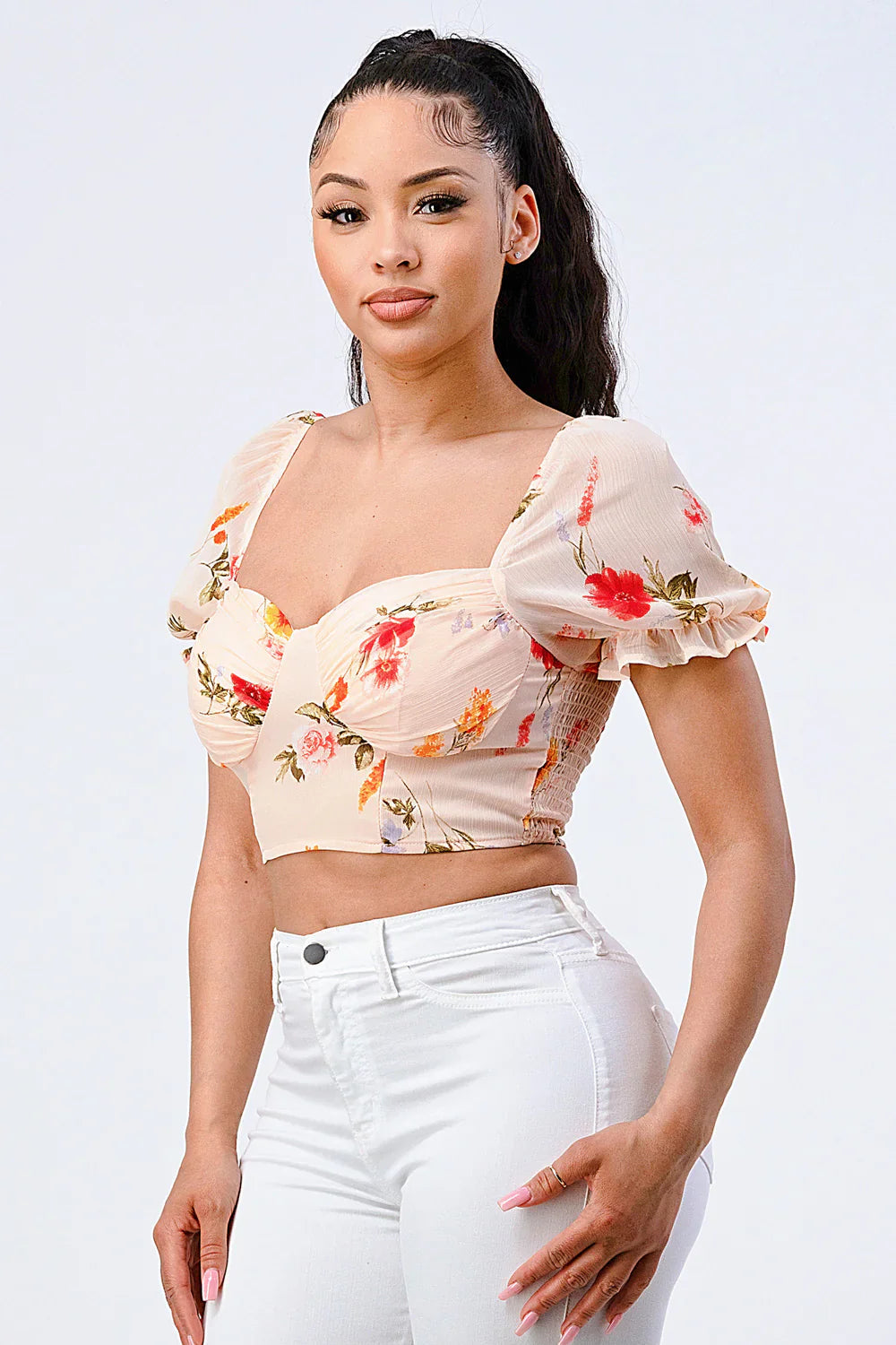 FLORAL CHIFFON SMOCKED SWEETHEART TOP Bella Moda Latina