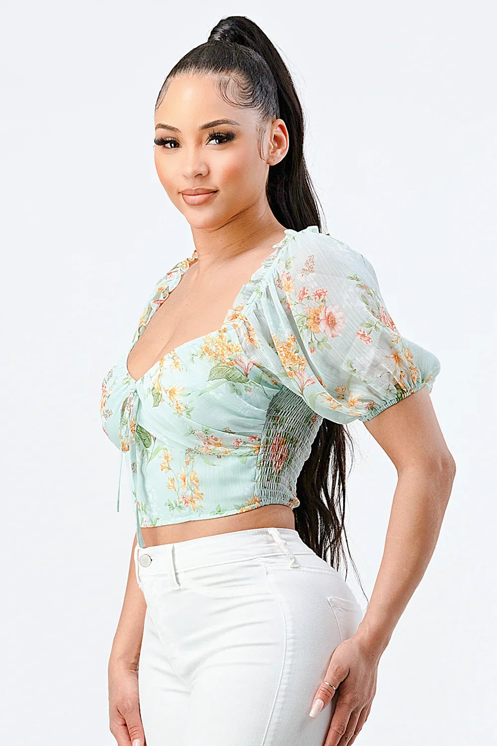 FLORAL CHIFFON SMOCKED SWEETHEART TOP Bella Moda Latina