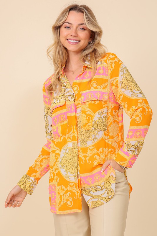 Italian Print Button Down Top Bella Moda Latina