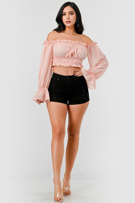 Off Shoulder Ruffle Trim Knot Sleeve Crop Top Bella Moda Latina