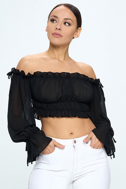 Off Shoulder Ruffle Trim Knot Sleeve Crop Top Bella Moda Latina