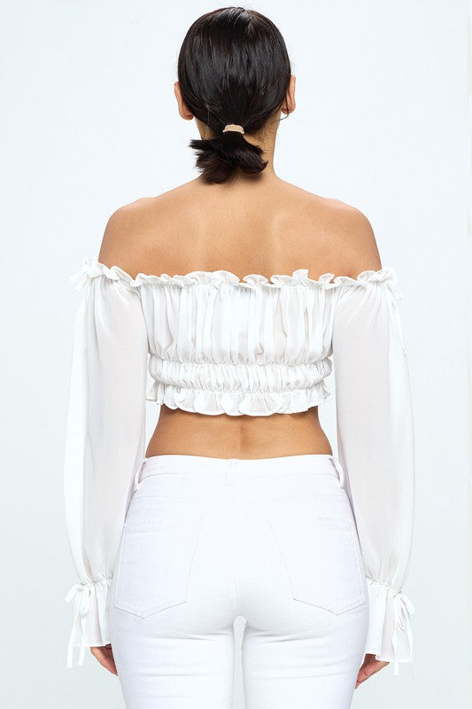 Off Shoulder Ruffle Trim Knot Sleeve Crop Top Bella Moda Latina