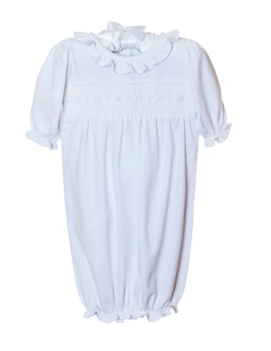 Smocked Baby Gown for Girl in White Knit Smockingbird