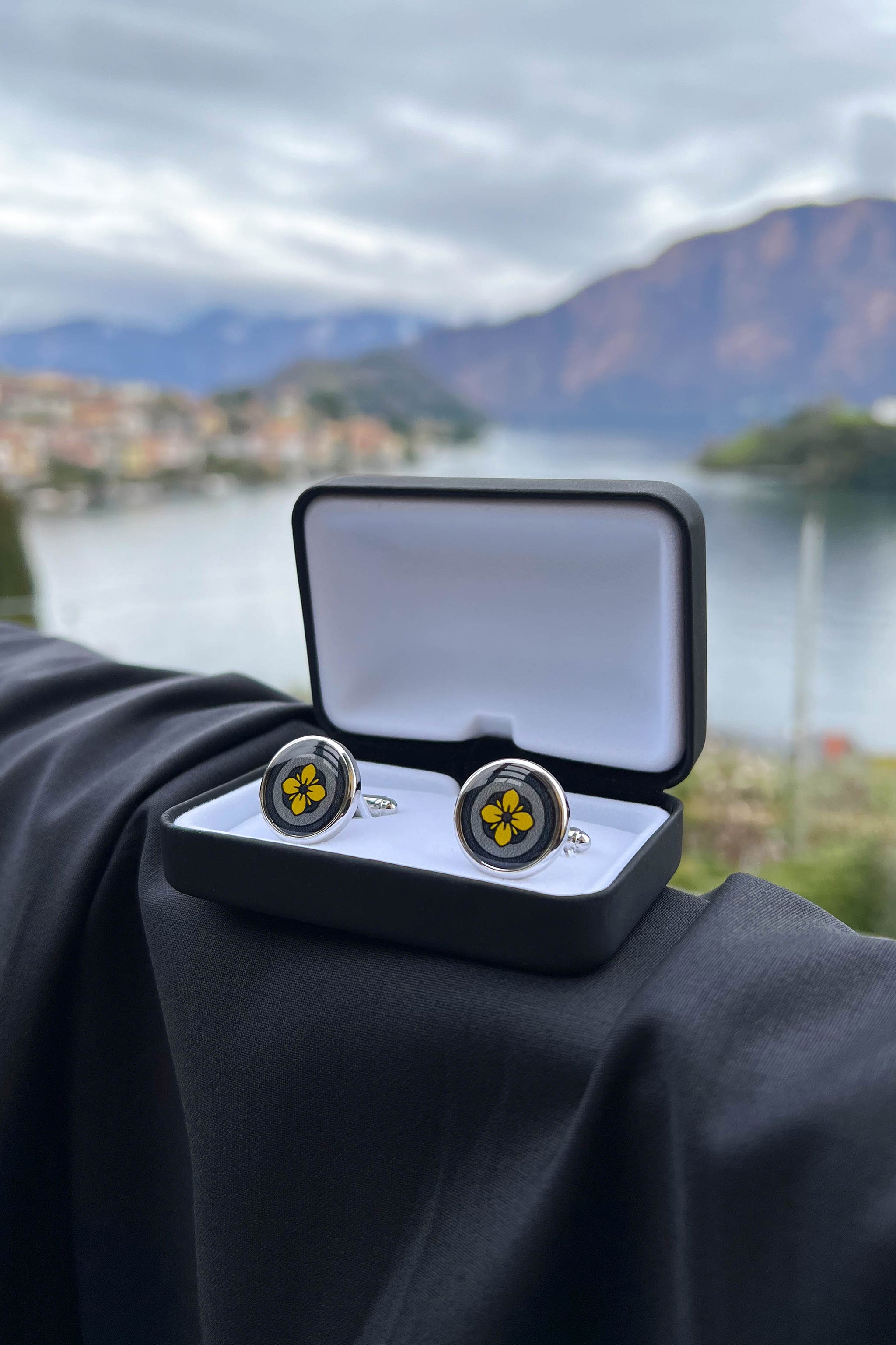 Lemon Yellow Floral Print Handmade Italian Cufflinks with Clear Resin ETNA