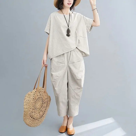 Large Size Casual Suits Women's Clothing Summer Cotton Linen Thin Irregular Short Sleeve T-shirt Loose Harem Pants 2 Piece Sets
