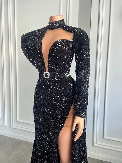 Long Sleeve Black Sequin Event Dress