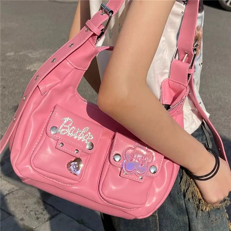 Vintage Women's Y2K Pink Shoulder Bags PU Leather Luxury Designer