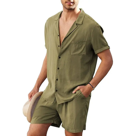 New Arrival Men's Cotton and Linen Short Sleeve T-shirt+Ankle Length Pant Set Solid Shirt+Trousers Home Suits Male Size M-3XL