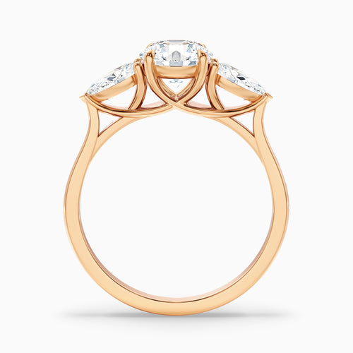 Amaya 4.5 Carat Round 3 Stone Moissanite Diamond Ring With Pear Side Stone in 14k Rose Gold
