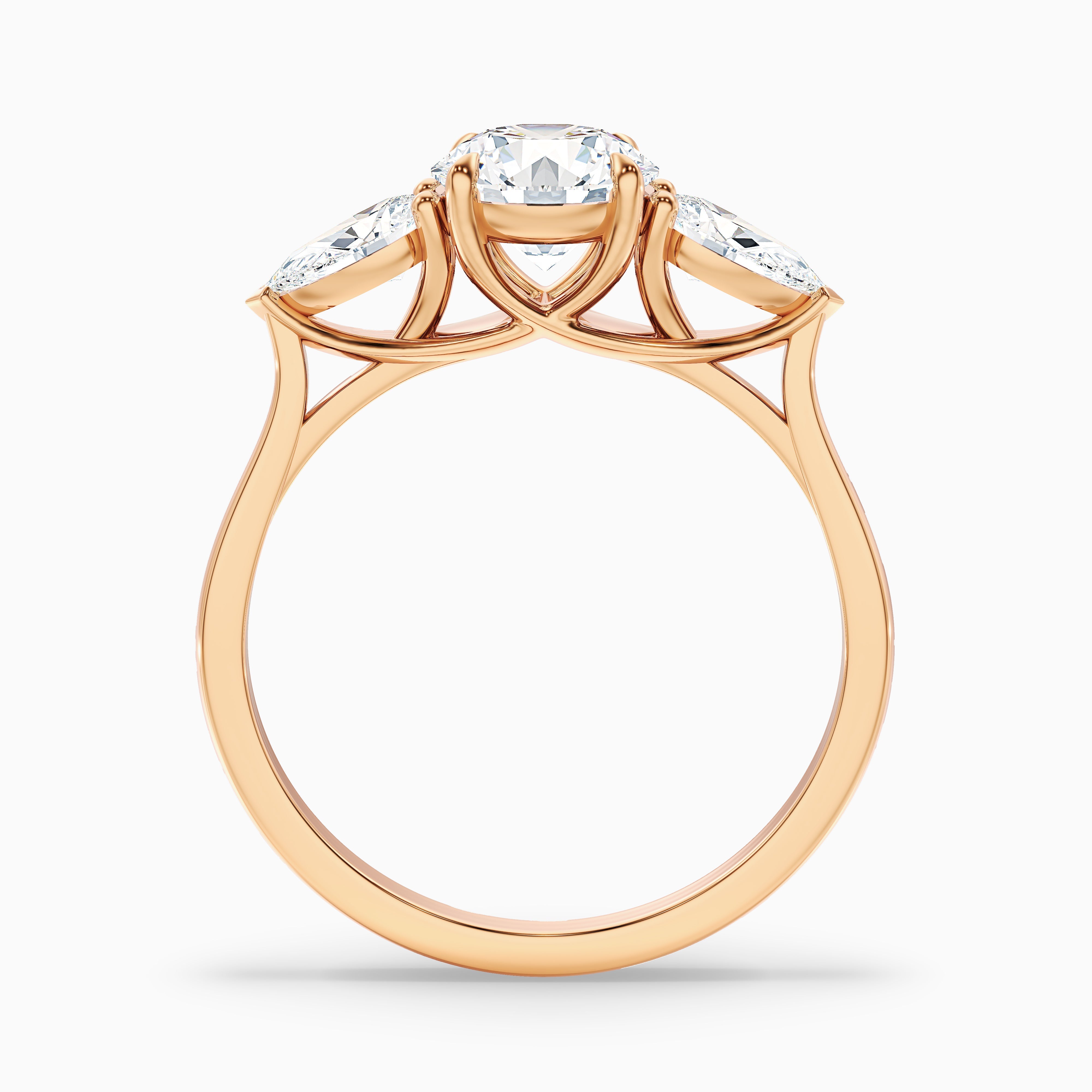 Amaya 4 Carat Round 3 Stone Moissanite Diamond Ring With Pear Side Stone in 14k Rose Gold