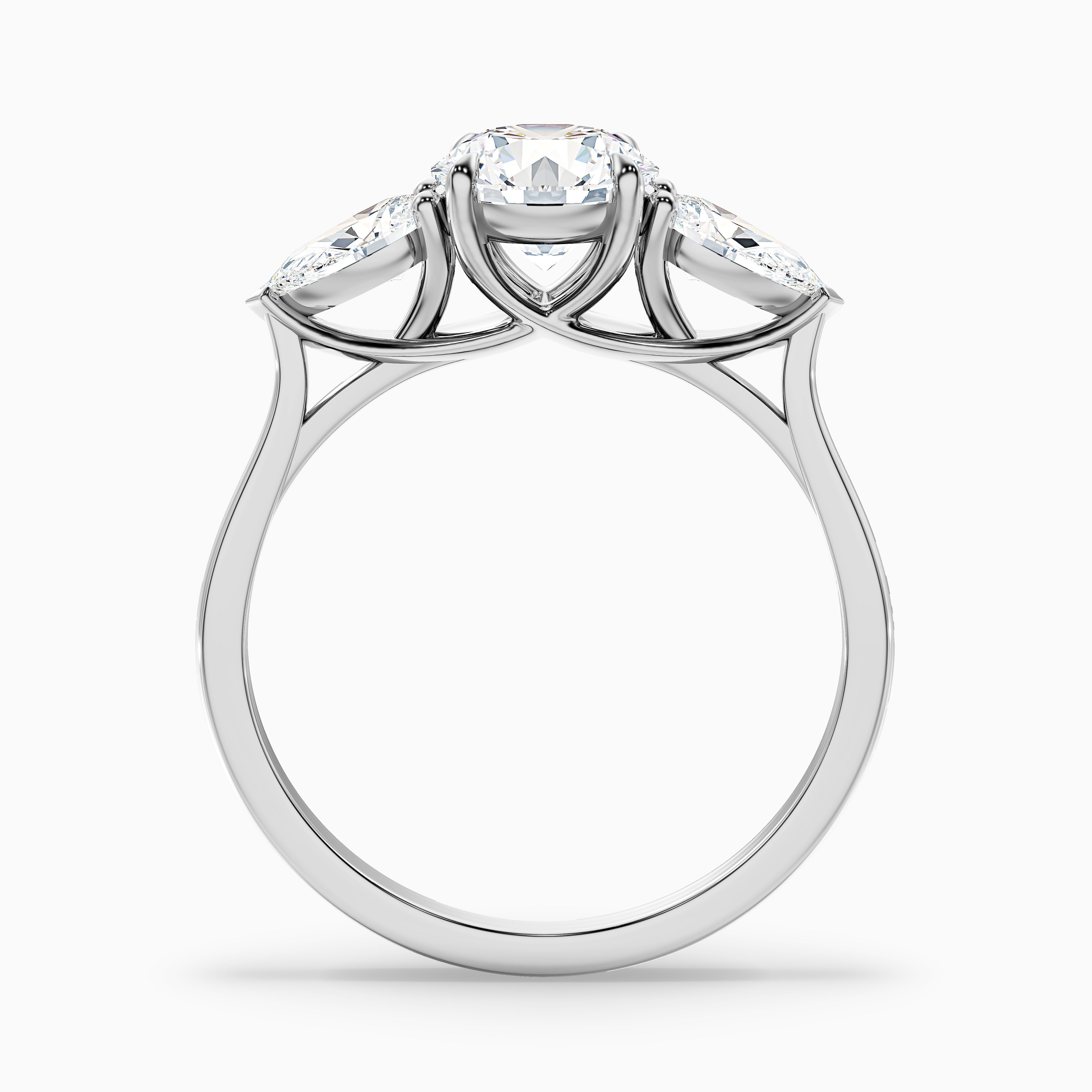 Amaya 3 Carat Round 3 Stone Moissanite Diamond Ring With Pear Side Stone in Platinum