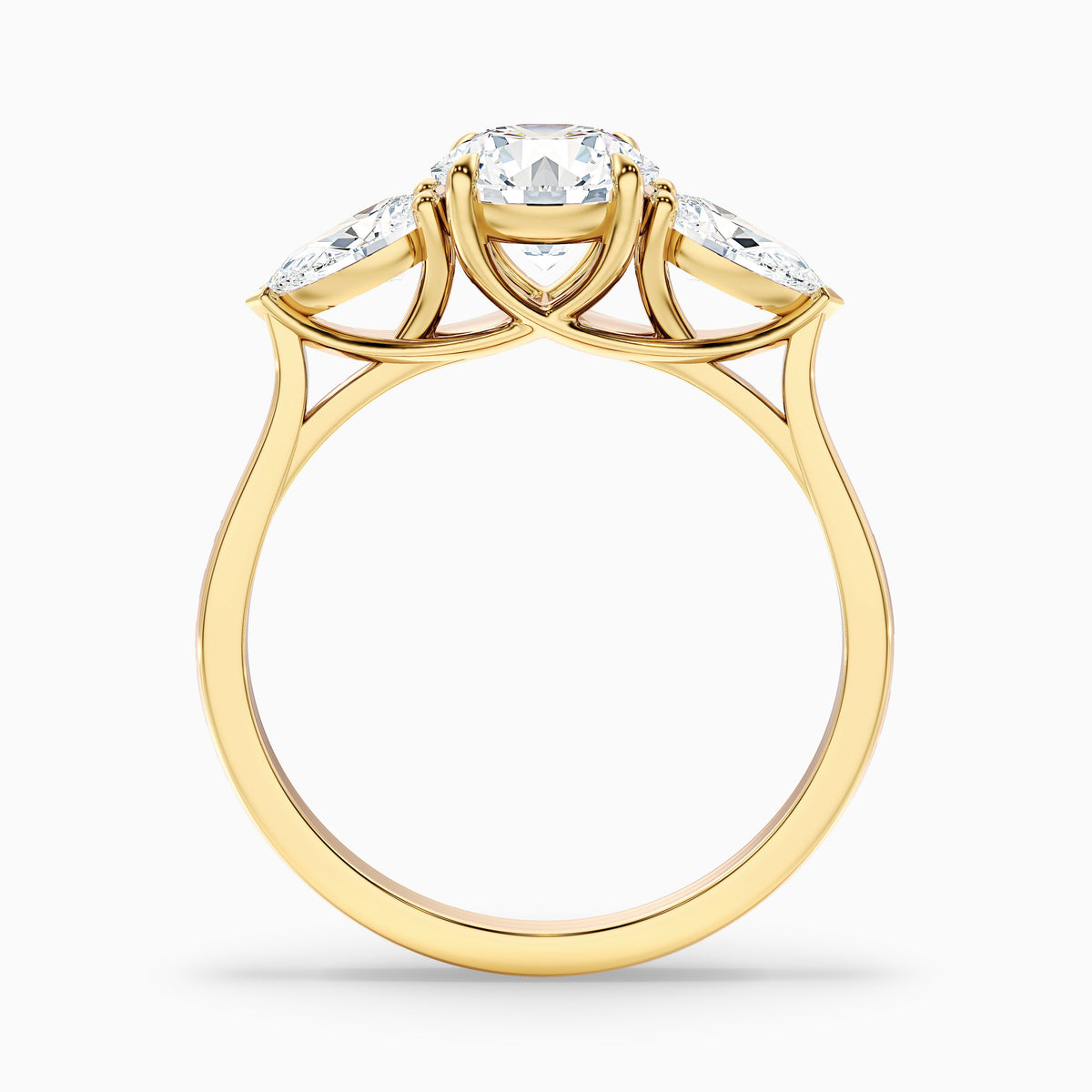 Amaya 3 Carat Round 3 Stone Moissanite Diamond Ring With Pear Side Stone in 18k Rose Gold
